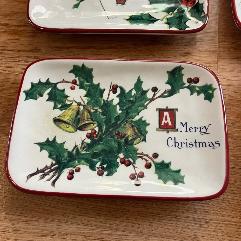Williams Sonoma 2012 Vintage Christmas Postcard Plates Set Of 4 Holly 7×5 Tray